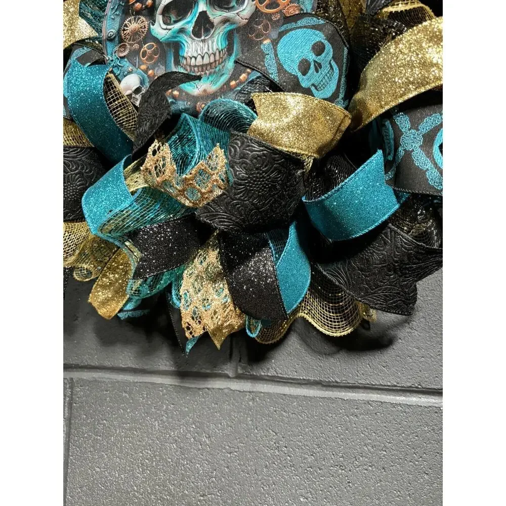 Handmade Halloween Wreath Teal Blue & Gold Steampunk Skull 24 Inch Deco Mesh